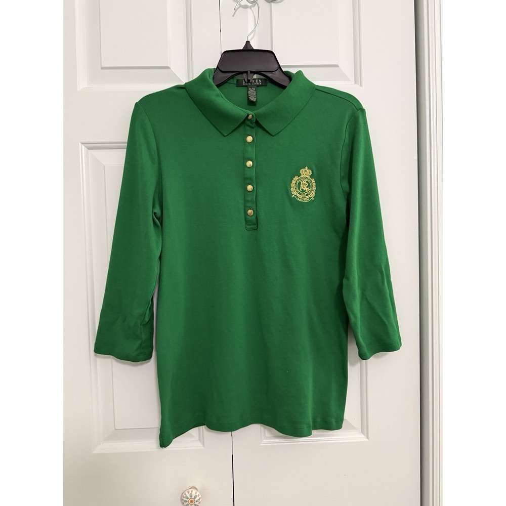 Lauren Ralph Lauren 3/4 Sleeve Polo Top Womens XL Green 100% Cotton Gold Crest
